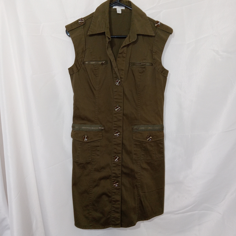 Boston Proper Olive Utility Shirt Dress Military Sleeveless Sz 10 Punk Goth EUC